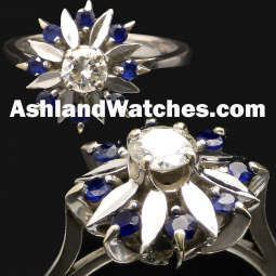 Diamond & Blue Sapphire Flower Statement Ring in 14K White Gold